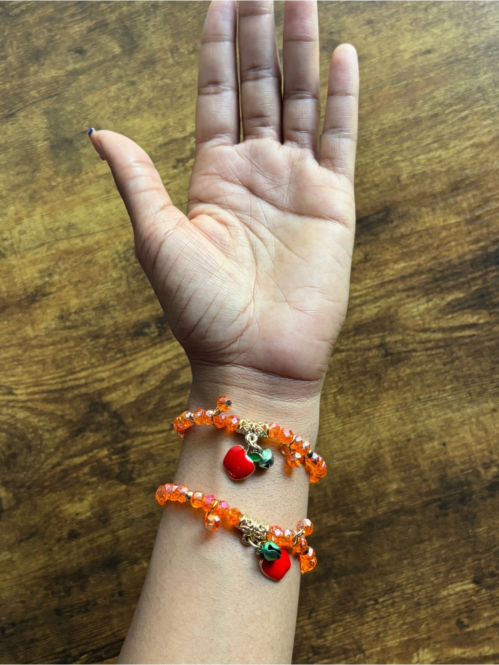 2pcs Orange Crystal Beaded Bracelet with Red Apple Charm
